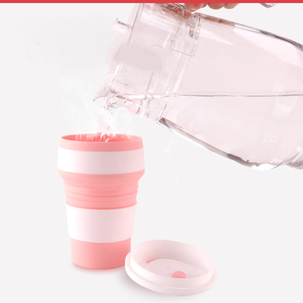 Kaffekopp - Lommeformat sammenleggbar silikon reisekopp, 12oz / 355ml (Rosa)