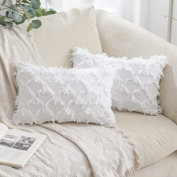 2-pack Boho kuddfodral Rutig frans Boho stil Linne Rutig textur Kuddfodral för soffa sovrum soffa vardagsrum (Vit, 12 x 20 tum)