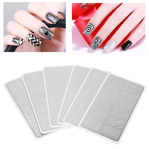 6 stk. neglekunst stemplingsplader i rustfrit stål manicure billede skabelon DIY negle stencil værktøj