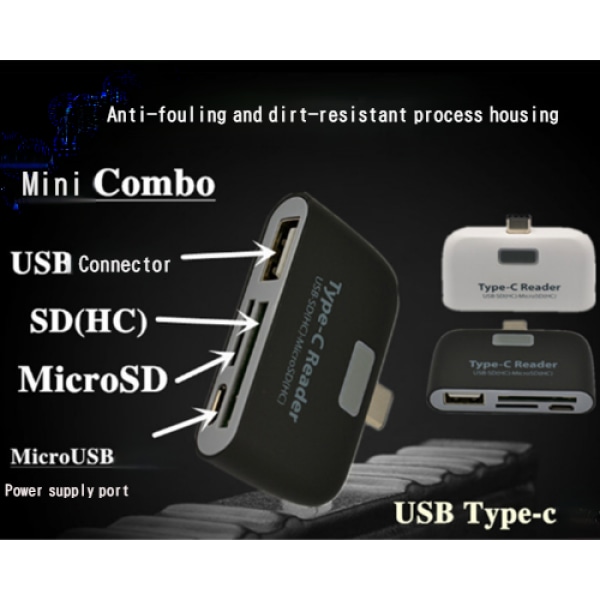 Ny USB3.1 typ-c HUB+TF SD mobiltelefon ype-c otg kortläsare Svart