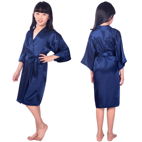 Barnens Silkefläck Ren Kimono Bröllopsklänning Kimono Robar Sovkläder ------ Mörkblå (Storlek 12)