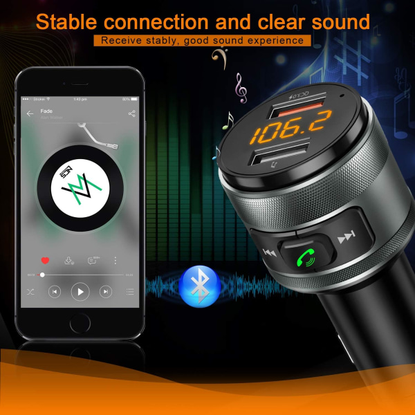 Bluetooth FM-sändare för bil, 5.0 trådlös Bluetooth FM-radioadapter Musikspelare/bilsats och 2 USB -portar Laddare Support USB -enhet