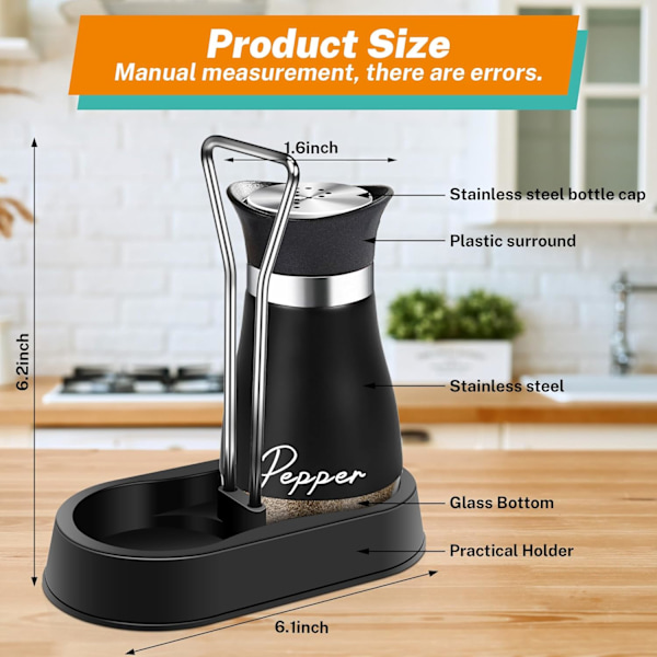 Salt- og pebersæt med holder, 4 oz bundsalt shaker med rustfrit stål låg til køkken gadgets madlavning bord husholdning Black-White