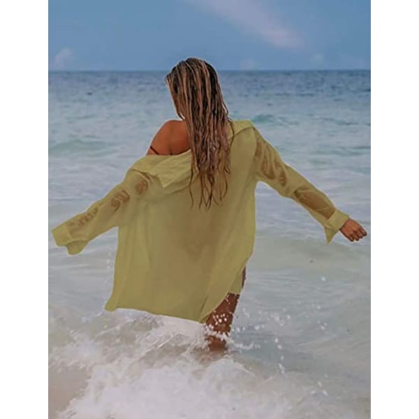 Kvinder Langærmet Strandskjorte Bluser Turn Down Krave Badetøj Cover Ups, G-ginger