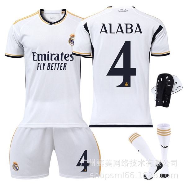 23-24 Nytt Real Madrid Home Barnfotbollssats för vuxna med strumpor och knäskydd-4 ALABA-18# 4 ALABA 18#