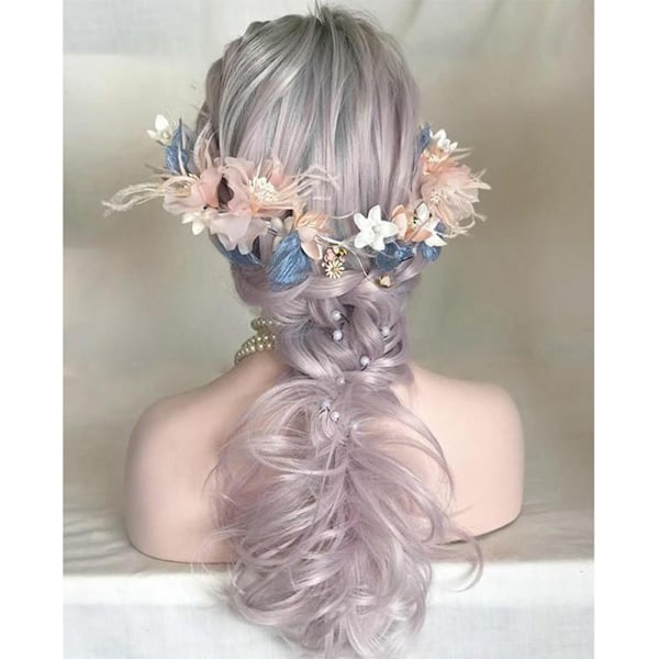 Kvinnors peruk lång rosa grå vågig syntetiskt hår värmebeständig cosplay lockig peruk