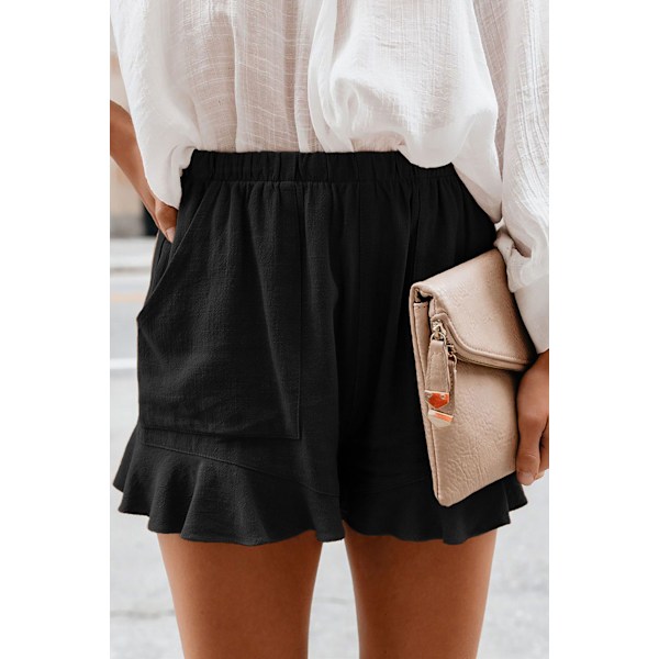 AVEKI Dame Shorts Sommer Casual Komfortable Høy Midje Plisserte Shorts Med Lommer --- Svart （Størrelse XL）