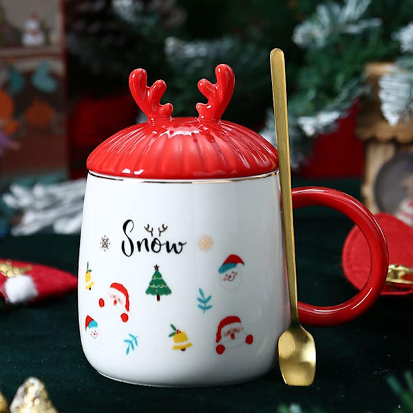 Söt mugg Jul Kaffeemugg, Högkvalitativt keramiskt material, Hög temperaturbeständig, 15oz med 3D-lock och sked, Julgåva, Snöflinga