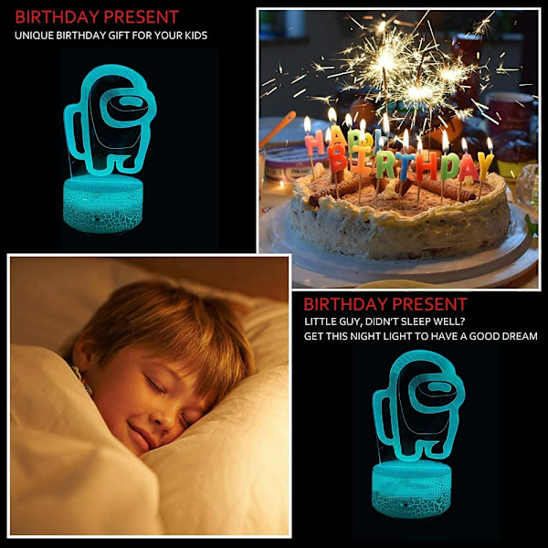 Among Us Spel 3D LED Optisk Illusion Akryl Nattlampa med Fjärrkontroll 16 Färger Ändra Dimbar USB-driven Atmosfär Sovrumsdekorationsbordslampa