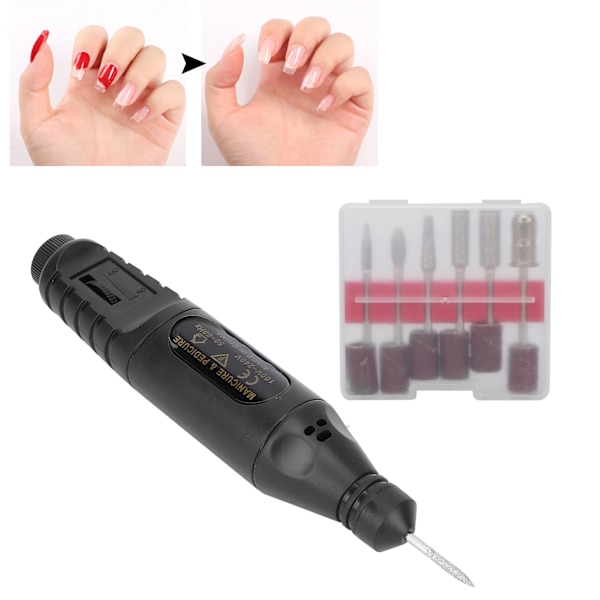 USB Elektrisk Nagelfräsmaskin Bärbar 6 Polerhuvuden Manikyr Poleringsverktygssats Svart