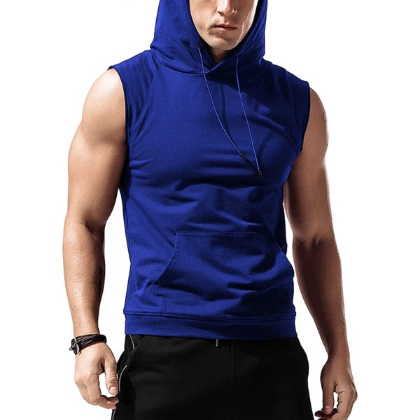 AVEKI Träningströjor med huva för män Ärmlösa gymhuvtröjor Bodybuilding Muscle Ärmlösa T-shirts, blå, L