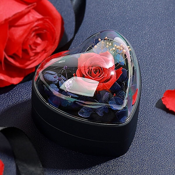 Præserveret Blomst Rose Hjerteformet Fløjls Ringæske - Romantisk Smykkegave til Valentinsdag, Mors Dag, Bryllup, Jubilæum & Dark Blue