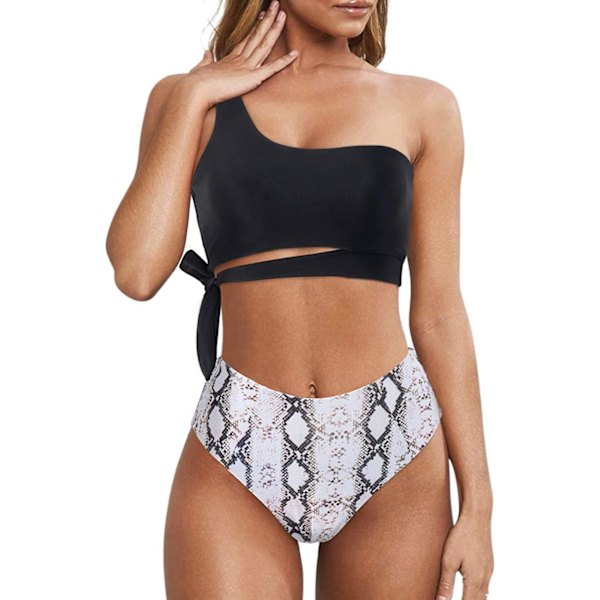 Dam One Shoulder Hög Midja Bikini Spets Upp Hög Skuren Tvådelad Baddräkt för Semester, Simning, Pool (Svart + Vit Ormhud) S