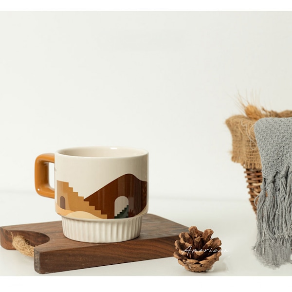 Kaffe kop, retro keramik krus, drikkekop, morgenmad, mælkekop, træk blomsterkop（#1）