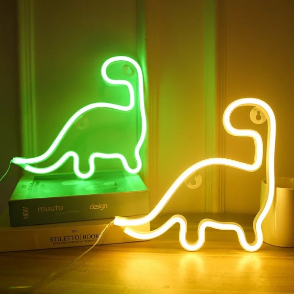 Dinosaur Neon-valo Yövalo, USB & Paristoilla Toimivat Loistavat Neon-koristeelliset LED-valot Seinäkoristeeksi Huoneeseen Juhliin Baariin (Vihreä)