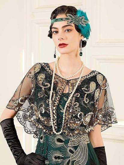 Kvindes 1920'er Flapper Sjal, Sequinbesatte Sjal og Wraps til Aften Sort Guld