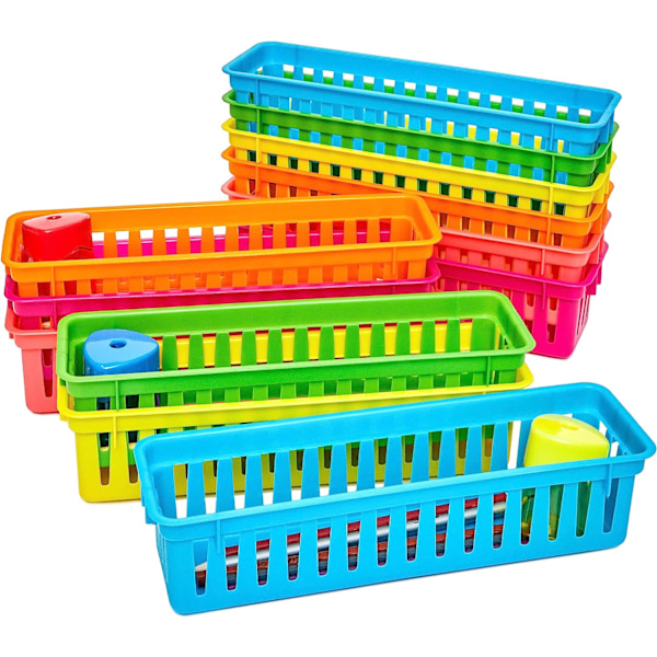 Små korgbrickor för pennor och pennor i klassrummet, olika färger (10 tum, 12-pack)