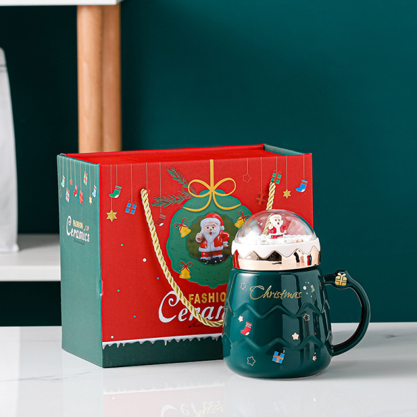 Julkaffemugg, söt keramisk kopp med lock Handtag Sked Återanvändbar jultomte tekoppar Roliga julklappar för kvinnor män (500 ml grön)