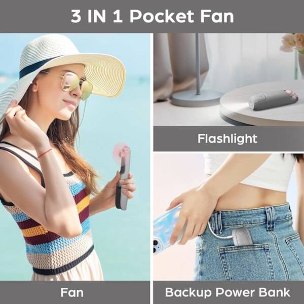 Handhållen Minifläkt, 2000 mAh USB Uppladdningsbar Vikbar Fläkt, 3 i 1 Bärbar Fickfläkt med Powerbank, Ficklampa för Sommar, Resor Grey