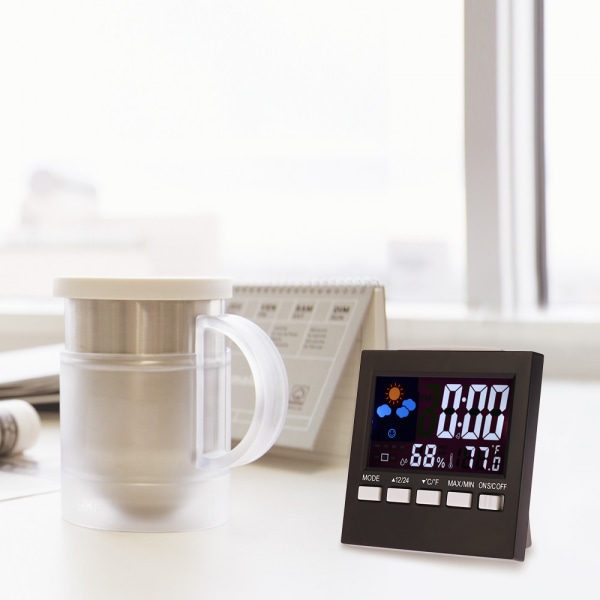 Multifunktionell digital färgglad LCD-termometer hygrometer klocka larm snooze-funktion kalender