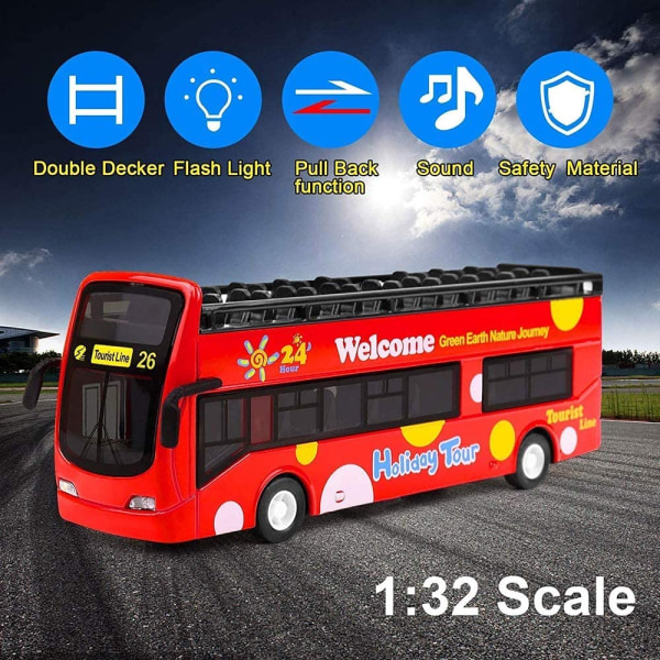 Leksaksbilar, 1:32 skala legering diecast öppen tak bussfordon gjutform drag-back buss, sightseeing tour dubbeldäckare bussleksak med lampor och musik