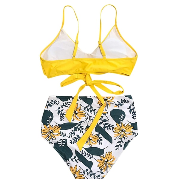 Damer Wrap Bikini Set Push Up Høy Midje Todelt Badedrakt Split Slangeskinn Trykk Badedrakt for Svømming (gul blomst)  XL