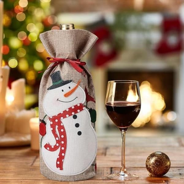 2-pack julklappspåsar för vinflaskor, applikationsdekorerade vinpåsar med dragsko, återanvändbara julklappspåsar för bordet 2PCS