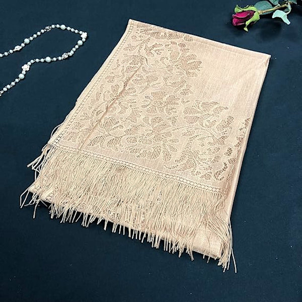 Damkoftor i blommig spets, sjal och omslag för aftonklänning, fransad spets Pashmina-sjal för bröllopskostymfest, Offwhite