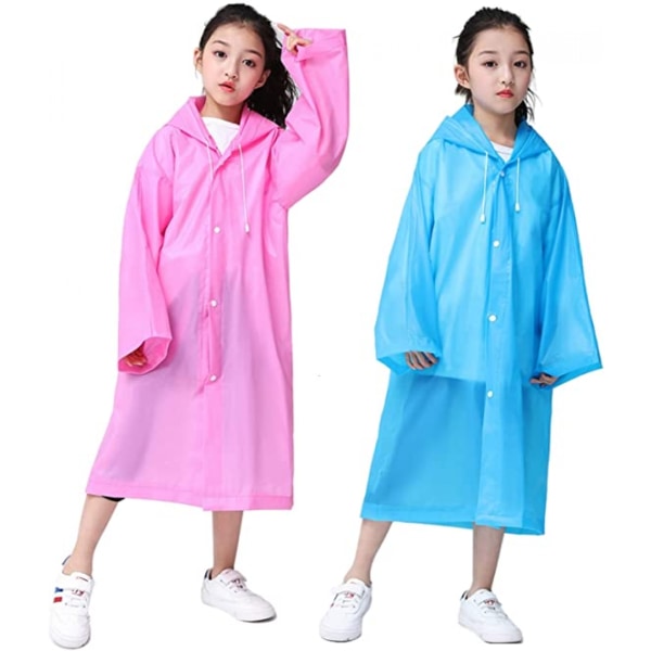 Kids Rain Poncho 2-pack, återanvändbar regnjacka Regnjackor för 6-14 flickor pojkar, rosa+blå