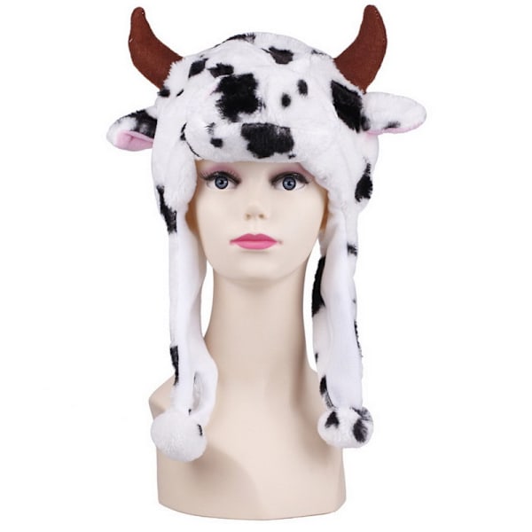 Plushhatt - Supermjuk varm hatt med öronlappar, stoppad djur Halloween-kostym leksakshatt, mysig fleece vinterhatt för barn kor