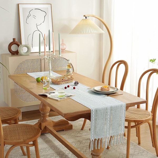 Rustik Landhus Stil Linnedug, Boho Håndlavet Kvaster Hemstitched Broderi Bordløbere 60 Tommer Lang til Ferie Par Hemstitched Light Grey 13"W X 60"L