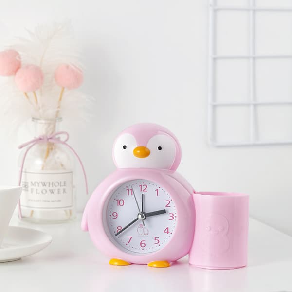 Barnklocka, pingvinpennhållare, väckarklocka, kontorsbordsur, sängtimer, väckarklocka, studentpresent - rosa