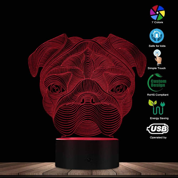 WJ 3D Sød Fransk Bulldog Mops Form Nyhed Bordlampe LED Nattelys Hjem Indretning Kæledyr Hund Hvalp Dyr 3D Optisk Illusion Lys