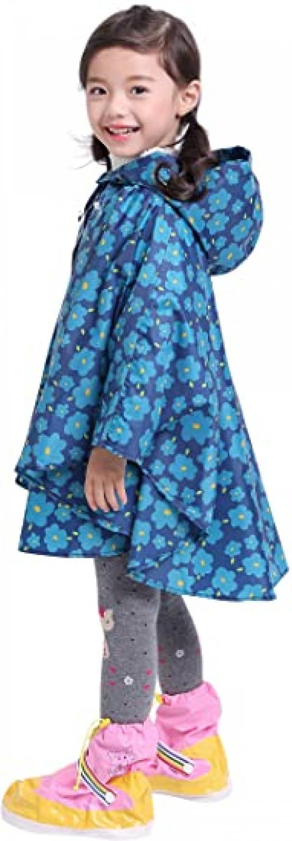 Barne regnponcho med hette, blå blomst, L