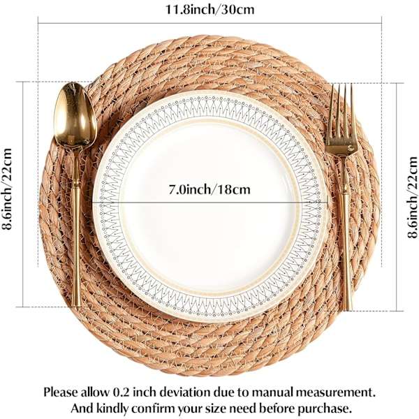 Runde Flettede Plassmatter Sett med 10, 12\" Boho Rattan Plassmatter Naturlige Håndflettede Vannhyasint Plassmatter, Landstil Flettede Plassmatter Nature 12 Inch