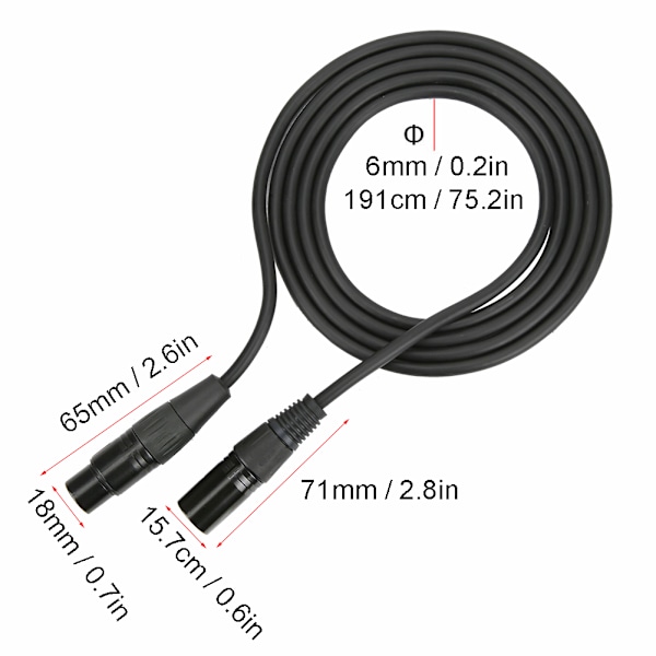 XLR 3-pin lydforlengelseskabel hann til hunn 191 cm mikrofonkabelkontakt