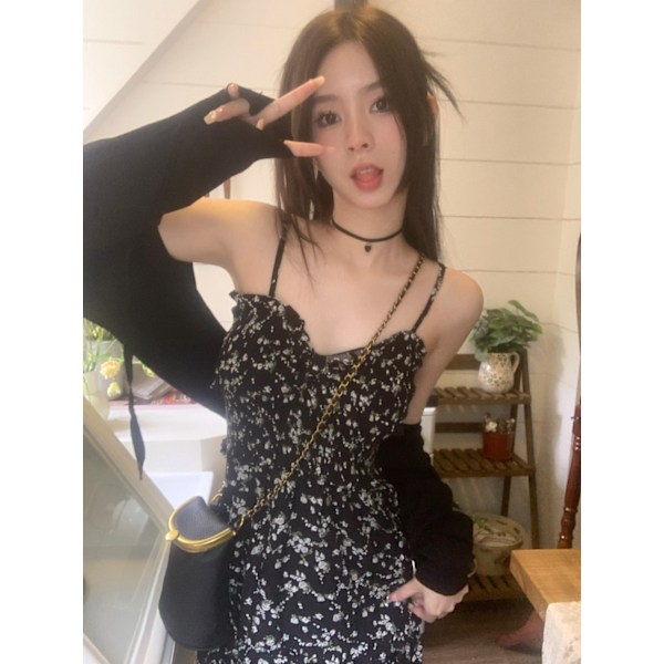 Kvinders Boheme Blomstermønstret Wrap V-hals Suspender Strandfest Maxi Kjole (Sort M)