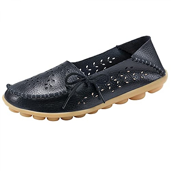 Damloafers - Casuala slip-on klänningsloafers för kvinnor - Bekväma läderloafers för kvinnor - Utomhusskor för promenader - Svarta snidade (storlek 42)