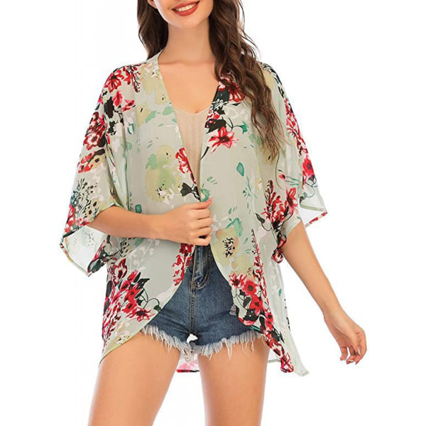 Kvinners Floral Print  Sleeve Kimono Cardigan Løs Cover Up Casual Bluse Topper ---Grønt Trykk （Størrelse S）