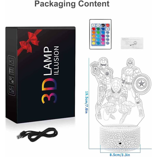WJ Superhjälte 3D Nattlampa, 3D Illusion Lamp med 16 Färger Ändra Fjärrkontroll, USB Bärbar Touch LED Nattlampa, Jul Födelsedagspresent hjältar