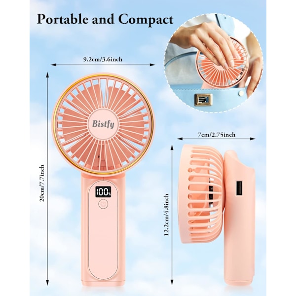 Håndholdt Ventilator, Bærbar Håndholdt Ventilator USB 5200mAh Genopladelig Foldbar Bordventilator, Ultra Støjsvag 6 Hastigheder LED USB C Halsventilator, Håndventilator De pink