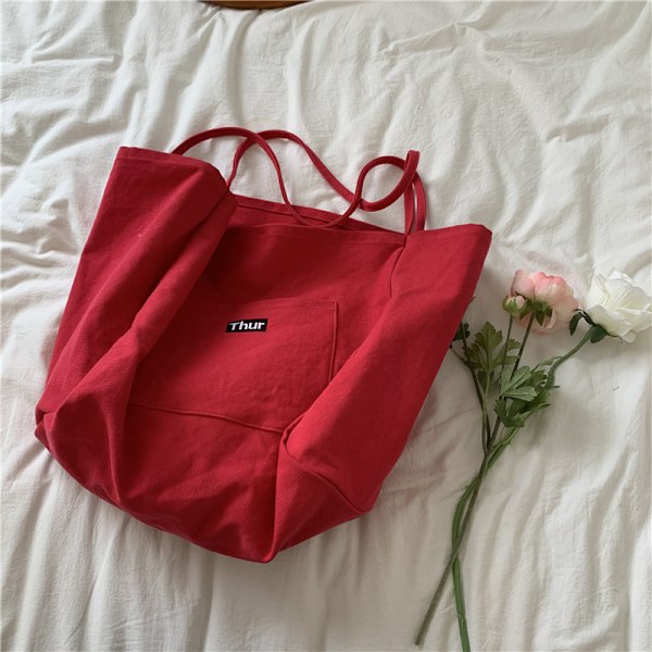 Röd väska mode koreanska kvinnors väska en axel stor kapacitet mode tryck shoppingväska canvas tote väska