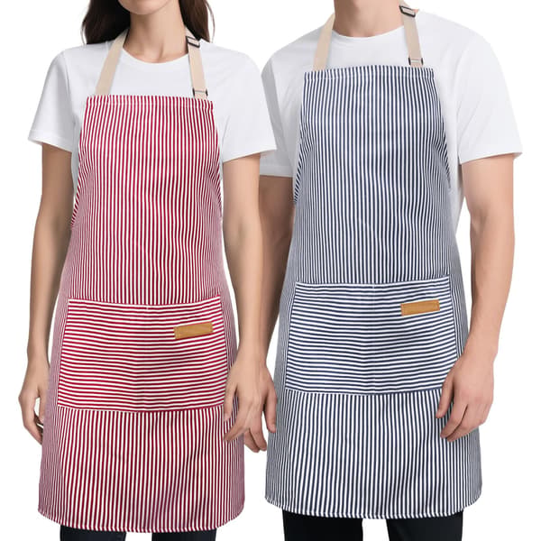 2-pack justerbart förkläde med 2 stora fickor, mjukt andningsbart randigt förkläde i polyesterbomull för vuxna blue、pink