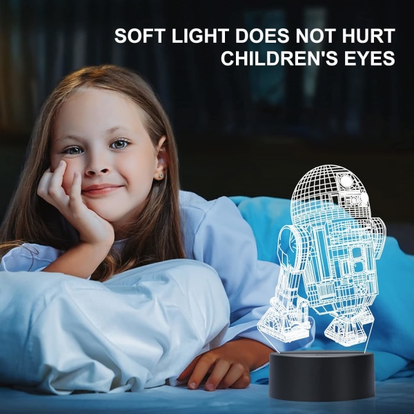 WJ R2-D2 3D nattlampe med berøringskontroll - 7 farger automatisk gradient nattlys, akryl og ABS-base optisk illusjonsnattlys Stjärnornas krig
