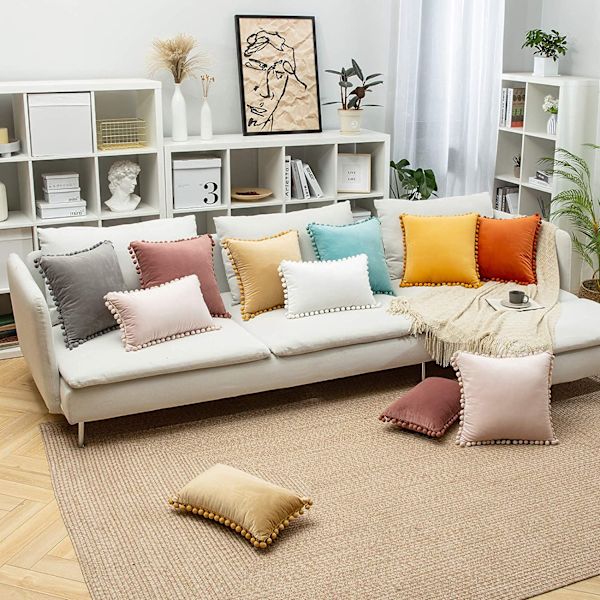 2-pack dekorativa kuddfodral, mjuka partiklar sammet enfärgade kuddfodral med pom-poms för soffa sovrum bil (12 x 20 tum, sylt)