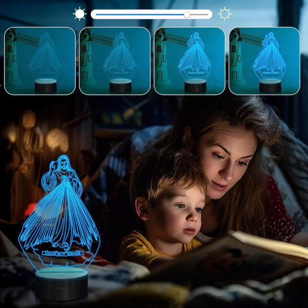 WJ Jeesus 3D Illuusio Yövalo, Jeesuksen Pyhä Sydän LED Optinen Lamppu 16 Väriä Vaihtuu Kaukosäätimellä + Ajastimella, Paras Huoneen Koti Sisustuslahja