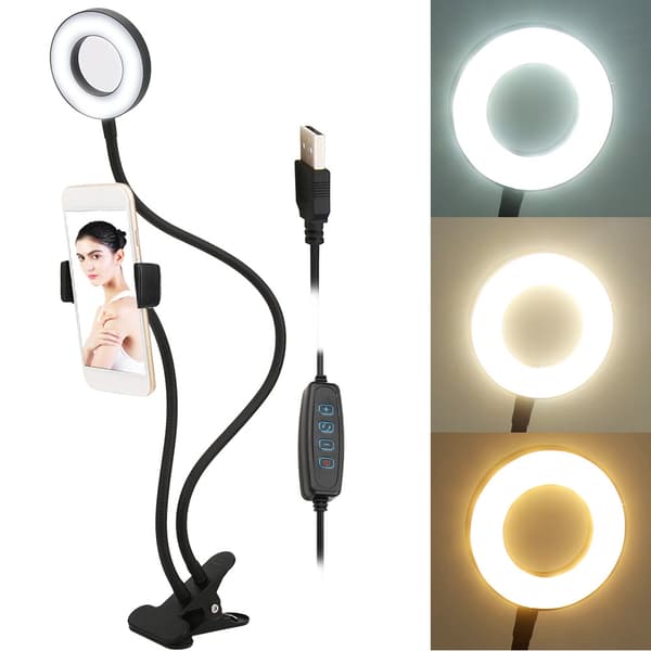 Live Streaming LED-ringlampe Dobbelt farvetemperatur USB-fyldlysstander med klips