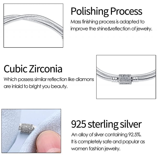 AVEKI 925 Sterling Silver Snake Chain Armband Helt kompatibelt med Pandora berlocker, sött kloarmband med glänsande rund spänne Berlock Transparent CZ