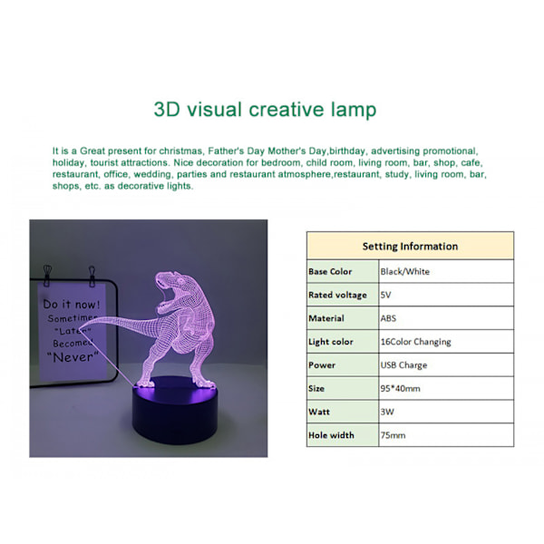 JUSTUP Dinosaur Series Natlampe 16 Farver 3D LED Illusion Lampe Fjernbetjening Legetøj Børns Hjem Dekoration Lys -- Dinosaur R（Sort Sæde）