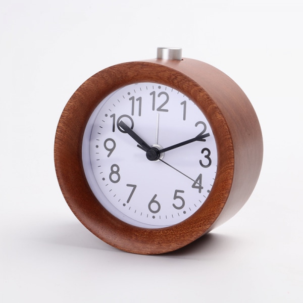 Cirkulär analog väckarklocka i trä, batteridriven, icke tickklocka med snooze-knapp och bakgrundsbelysning - brun